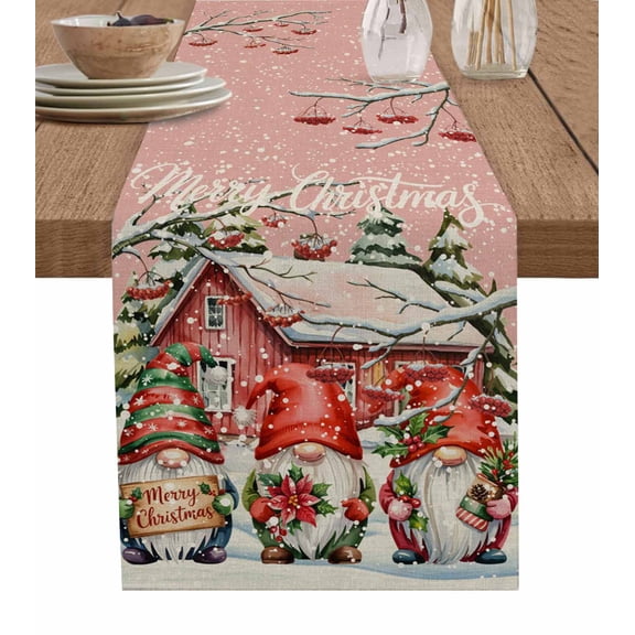 Pink Christmas Table Runner 72 Inches, Xmas Winter Gnomes Poinsettia Flower Bed Runner Dresser Scarves Tabletop for Indoor Outdoor Parties/Ceremony/Banquet, 16" x 72"