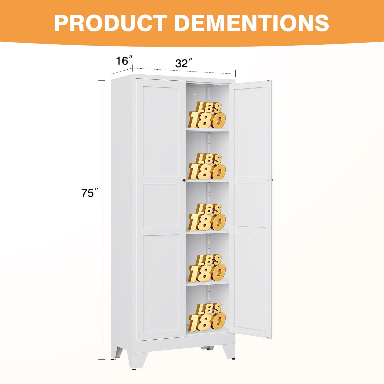 STANI 75"H Freestanding Storage Cabinet with 4 Adjustable Shelves and Legs, Metal/Alloy Steel, for Cupboard/Dining Room/Bathroom/Living Room/Office/Laundry Room (White, 75"H)