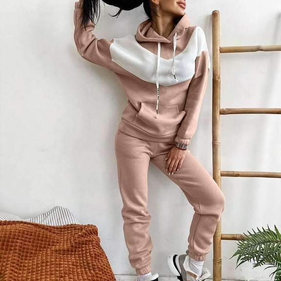 qolati 2 Piece Outfits for Women 2023 Hoodie Sweatshirt Tracksuit with Stretch Jogger Sweatpants Loungewear Sets Trendy Color Blocking Sweatsuit Suits with Pockets