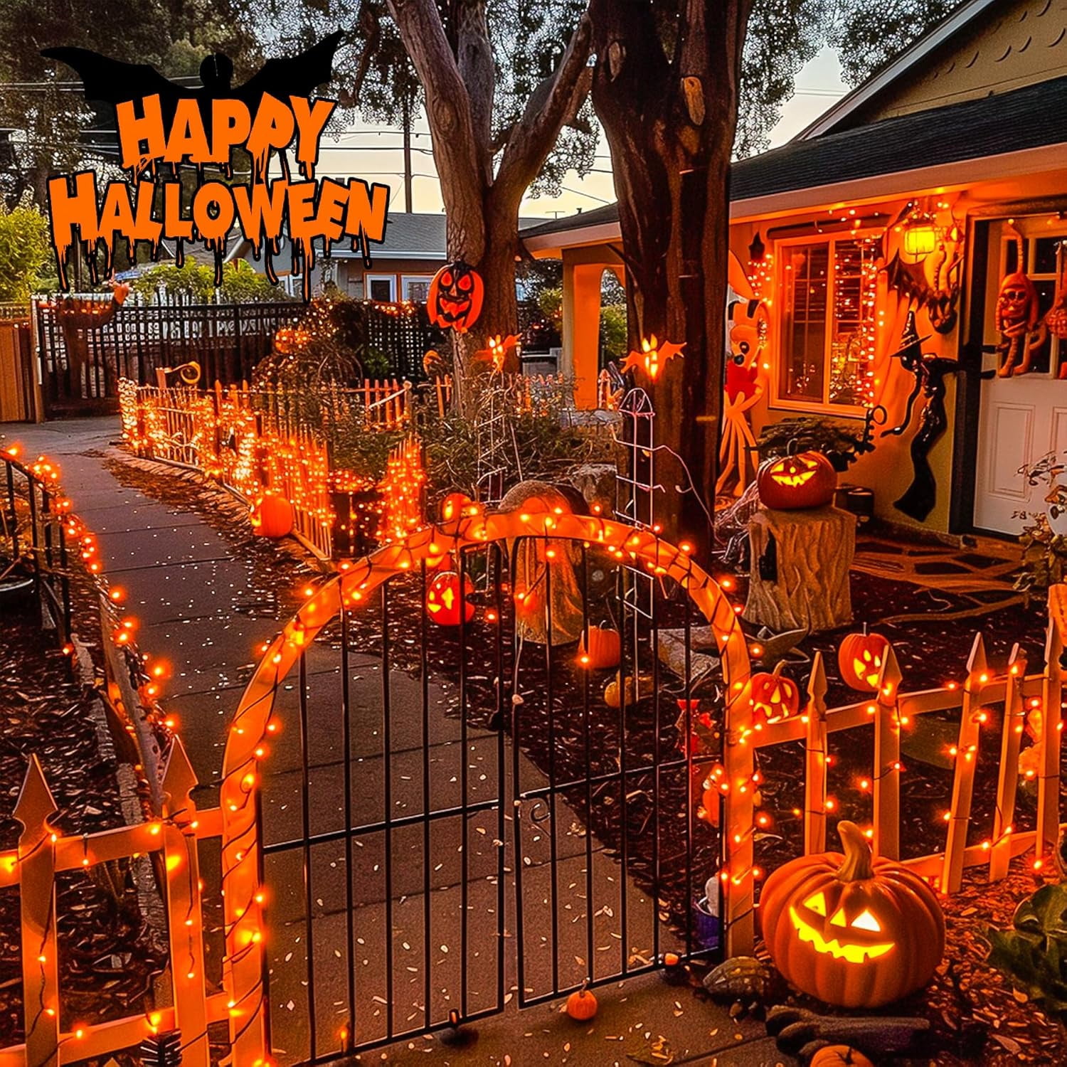 JMEXSUSS 2 Pack Orange Solar Halloween Lights, Total 400 LED 151FT Solar String Lights Outdoor Waterproof, 8 Modes Halloween Lights for Outside Tree Patio Yard Garden Halloween Decorations