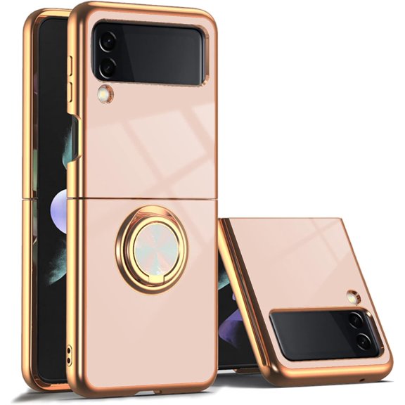 Case for Samsung Galaxy Z Flip 3 5G 2021 with Ring Kickstand Slim Phone Case Luxury Plating Back, Rose Gold Edges, Magnetic Holder Shockproof Thin Protective Cover for Z flip 3 - Pink