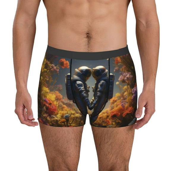 Logiee Romantic Flower Astronaut Couple Print Mens Boxer Briefs,Boxer Briefs for Men,Breathable Stretch Underwear,Boys Boxer Briefs-Small