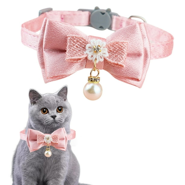 Seyotauo Adorable Cat Collar with Bow Cat Collar Breakaway Pink Cats Bows & Accessories Adjustable Cute Kitten Collars with Pearl Pendant for Girl Cats Pink