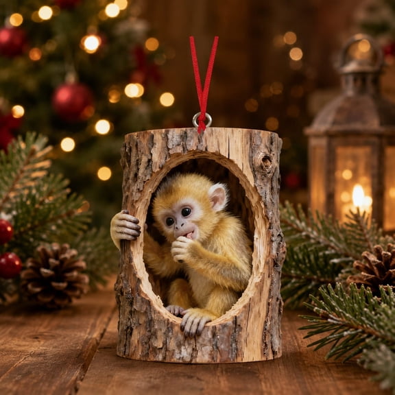 Under 4$! Golden Snub-Nosed Monkey Christmas Ornament, Acrylic Rustic Tree Trunk Woodland Animal Hanging Decoration for Christmas Tree, Forest Animal Holiday Home Decor Gift for Animal Lovers