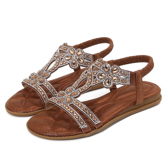 IEMIEMIEM Women's Flat Sandals with Rhinestones Sparkling Boho Dressy Ladies' Sandal Women's Wide Width Sandals Non Slip on Elastic Ankle Strap Beach Shoes Bronze 6.5 Wide