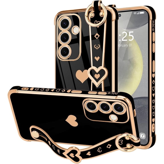 Samsung Galaxy S24 FE 5G Case with Cute Love-Heart Plating Strap, Bling Silicone Camera Protection, Shockproof Bumper Case (6.7")