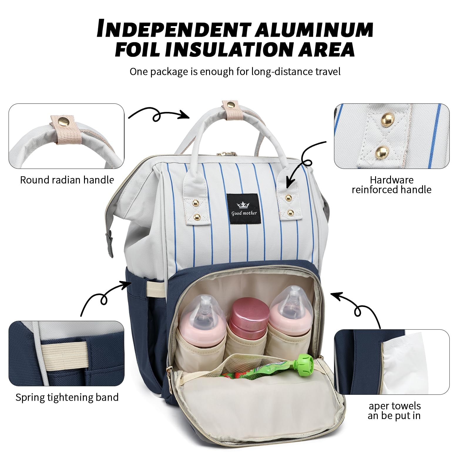 Diaper Bag Bacpack, HDJ Diaper Bag for Travel, Large Capacity Bacpack with Insulated Milk Bottle Pocket for Mommy,Navy