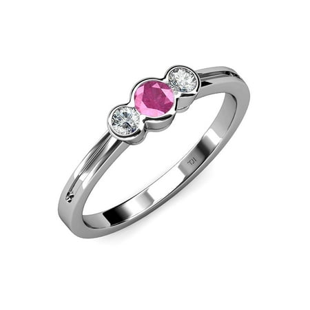 

Pink Sapphire and Diamond (SI2-I1 G-H) Three Stone Ring 0.50 ct tw in 14K White Gold.size 6.0