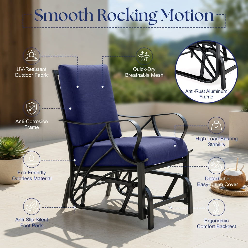 Hommoo Outdoor Glider Rocking Chair with Thick Cushioned Seat, Curved Armrests, Sturdy Metal Frame, Patio, Deck, or Porch Relaxation Chair, Navy