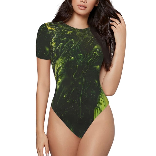 Balery Screaming Horror Art Body de cuello redondo de manga corta para mujer Tops de manga corta Tops básicos-Small