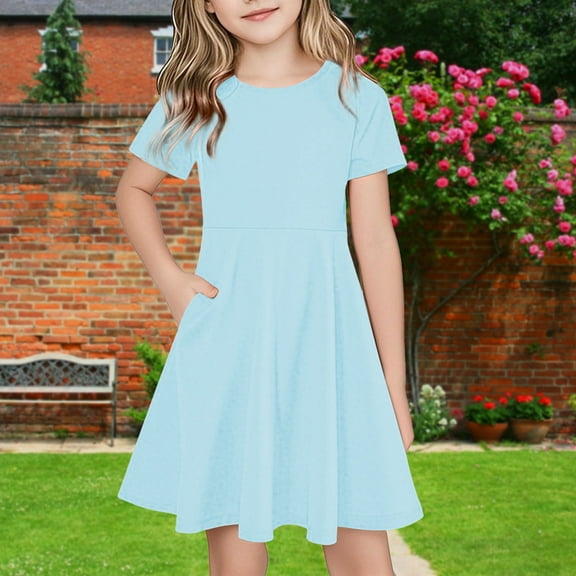 Spazoro Toddler Girls A-Line Dress, Round Neck Casual Floral Print Short Sleeve Princess Dresses for Child Girls Light Blue Size 7 T