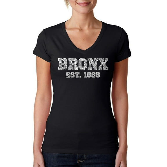 LA Pop Art Women's Word Art V-Neck T-Shirt - POPULAR NEIGHBORHOODS IN BRONX, NY