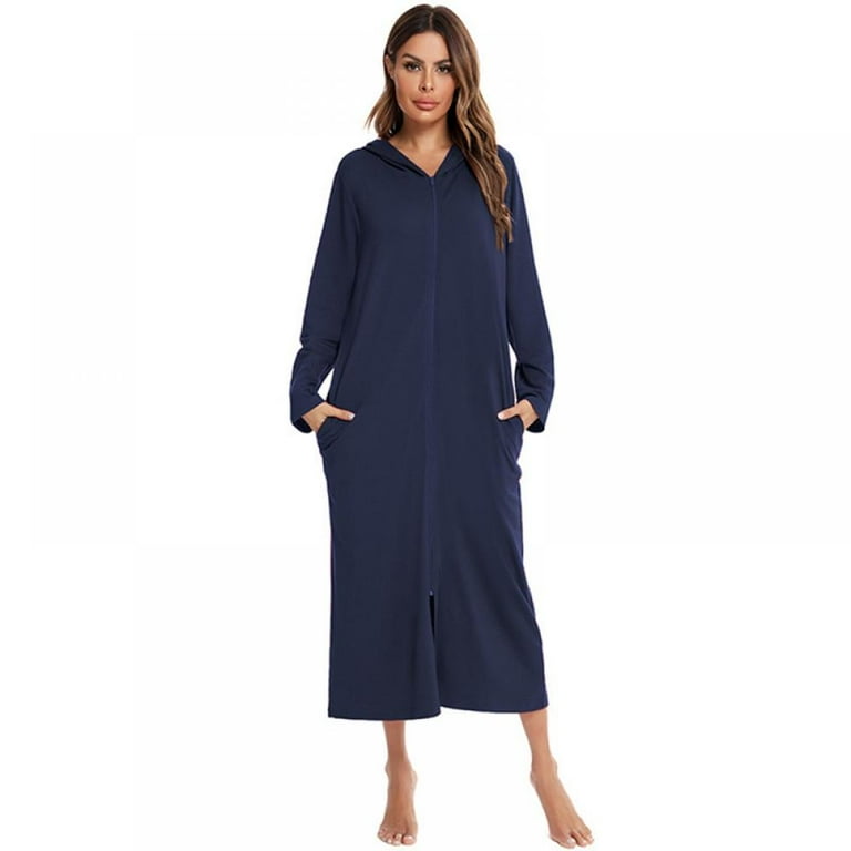 Womens Zip Up Robe Sweatshirt Robe Long Hooded Robe Floor Length Bathrobe  Long Sleeve House Coat Lounger with Pockets S-2XL 