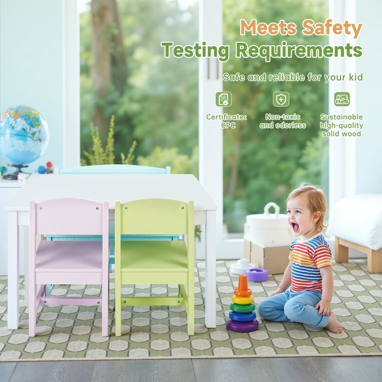 Kids Table and Chairs 4 Piece Solid Wood Toddler Table and Chair Set Non Toxic Finish Multifunctional Kids Desk and 3 Chairs Set Toddler Activity