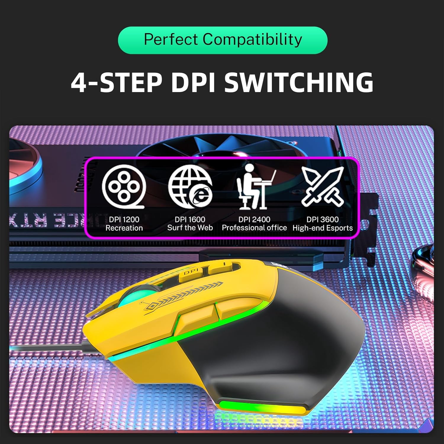 Wired RGB Gaming Mouse, 3600 DPI, 7 Programmable Buttons, Type-C Detachable Cable, Lightweight Silent Ergonomic Mouse for Laptop PC Mac
