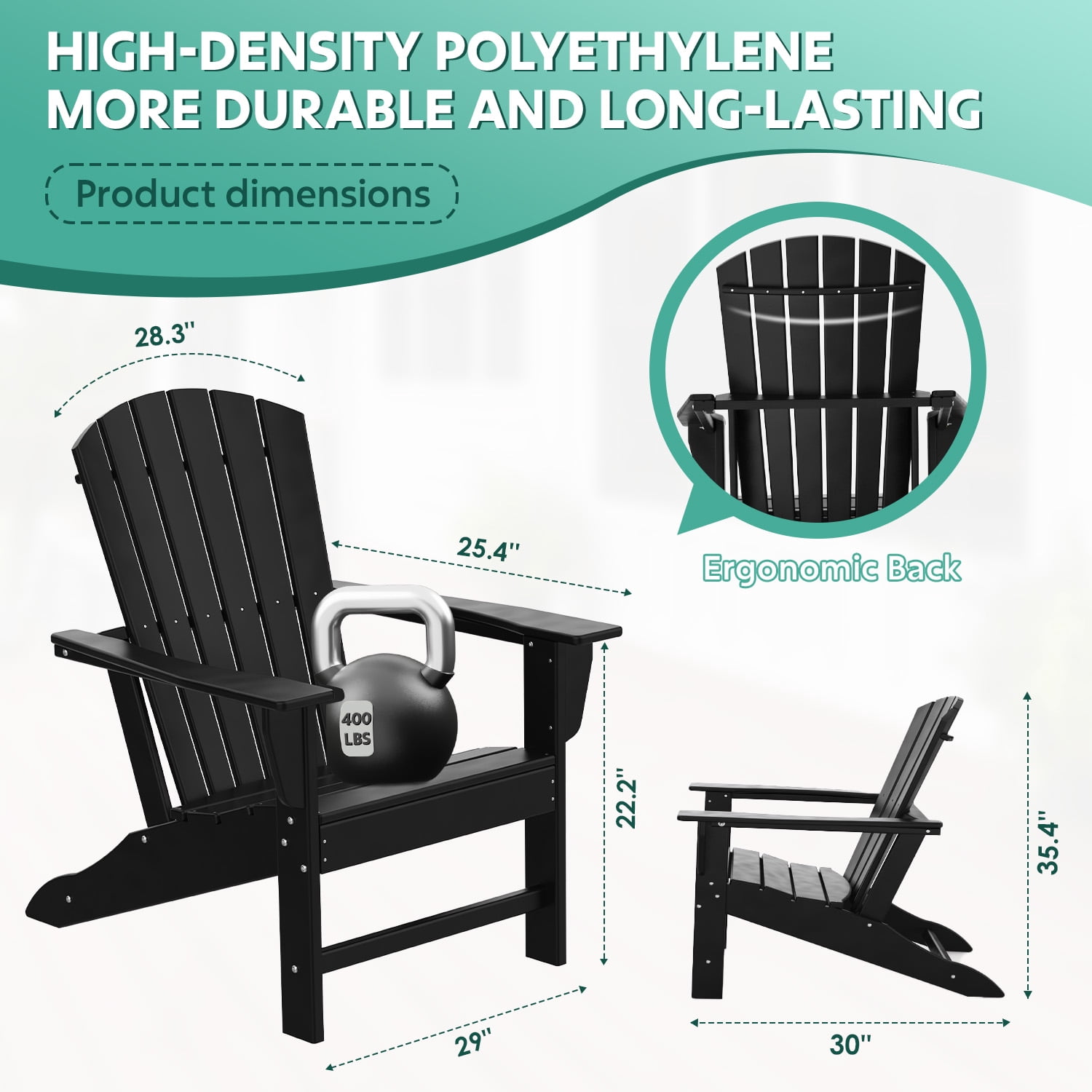 Hidpriva Set of 2 Adirondack Chairs, HDPE Weather Resistant Outdoor Chair w/ 400LBS Capacity for Patio, Garden and Fire Pit,Black