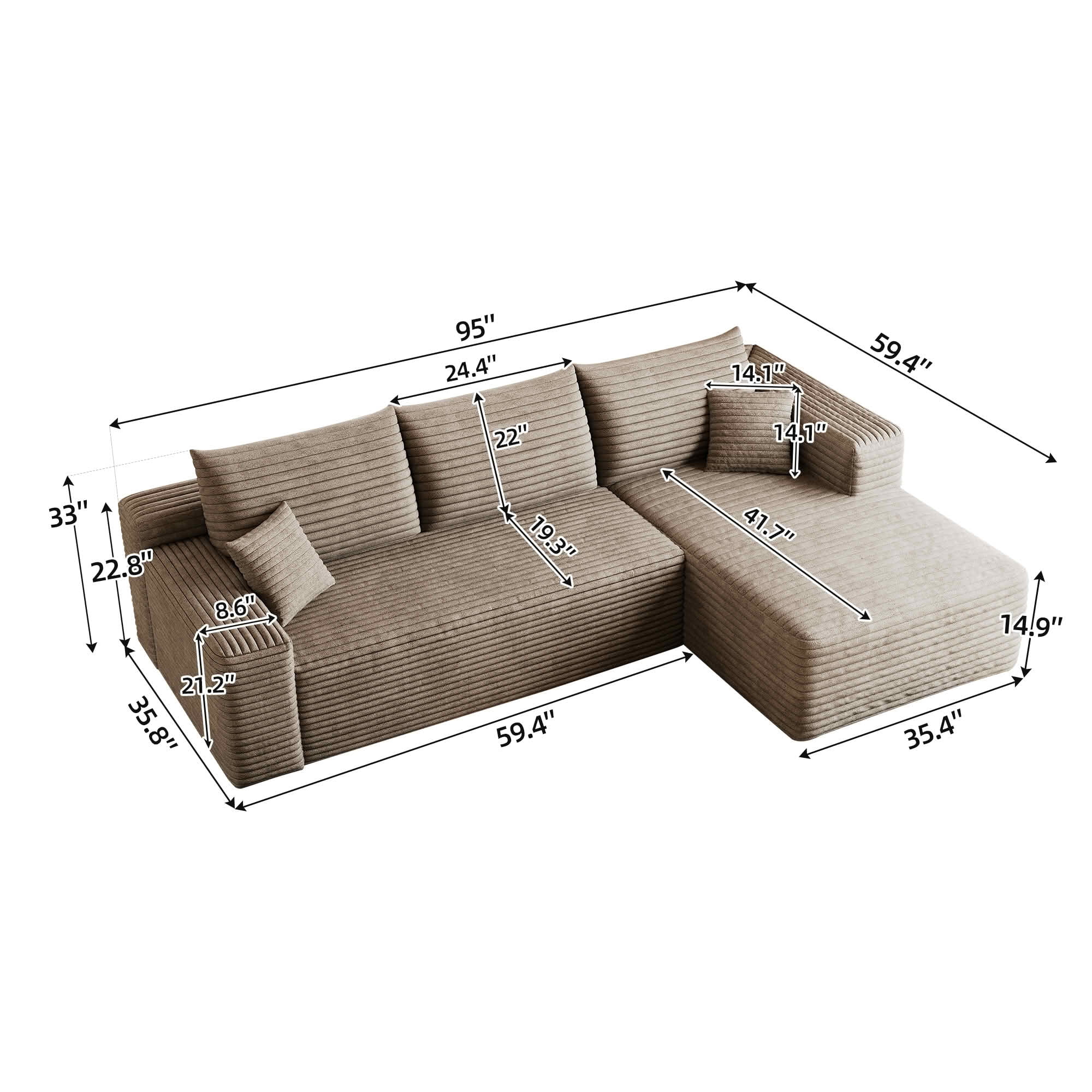 MAYEERTY 95 Inch L‑Shaped Cloud Sectional Sofa, Modern Minimalist Deep‑Seat Corner Couch, Plush Corduroy Upholstered Reversible Sofa, No‑Assembly Required for Living Room Bedroom Apartment