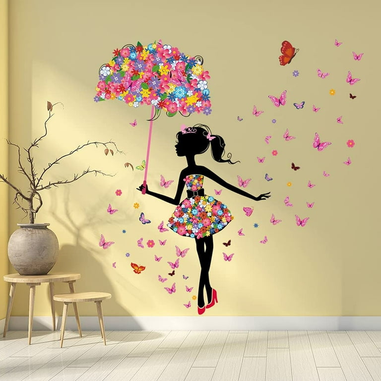 Flower Fairy Wall Decal Girl with Umbrella Wall Sticker Colorful Butterfly  Floral Wall Decor DIY Vinyl Mural Art for Girls Baby Nursery Bedroom Living  Room Playroom - - 