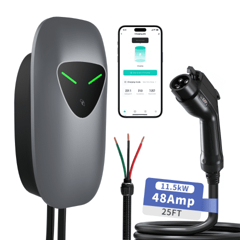 48Amp Level 2 EV Charger, 25ft Cable WiFi RFID J1772 Home Charging Station (Grey)