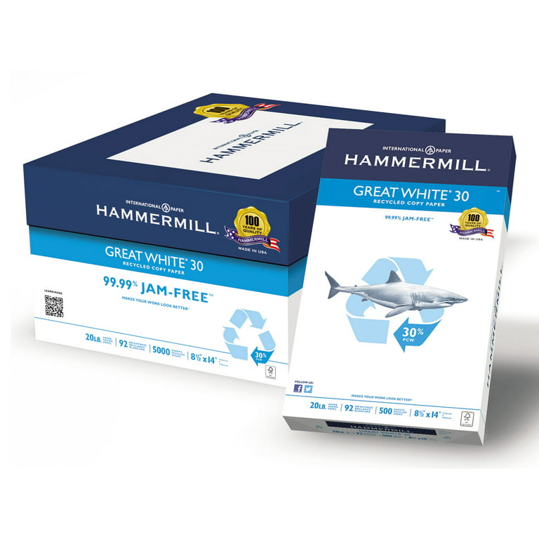 Hammermill Printer Paper, Great White 30% Recycled Paper, 8.5 x 14 - 1 Ream  (500 Sheets) - 92 Bright, Made in the USA, 086704