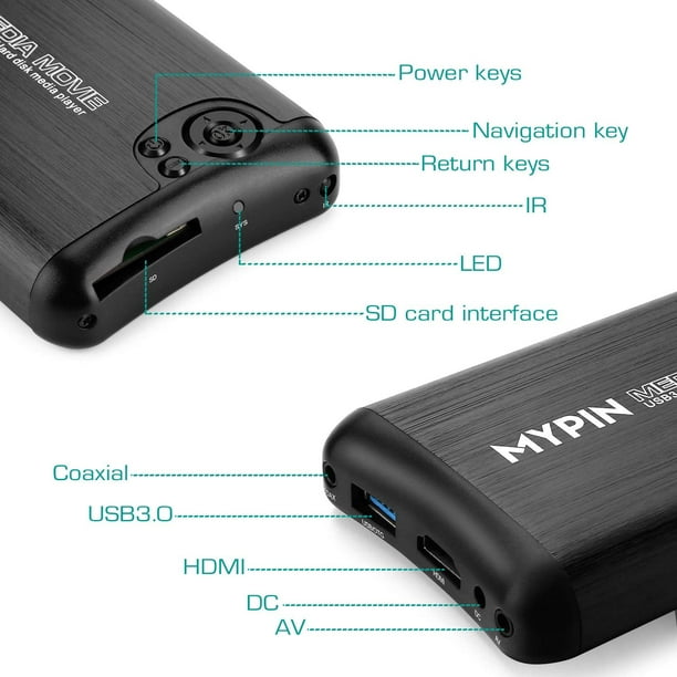 Prise en charge du lecteur multimédia HDMI 1080P Disque dur SATA 2,5 avec  sortie HDMI/AV/VGA, lecteur MP4 portable USB 3.0 