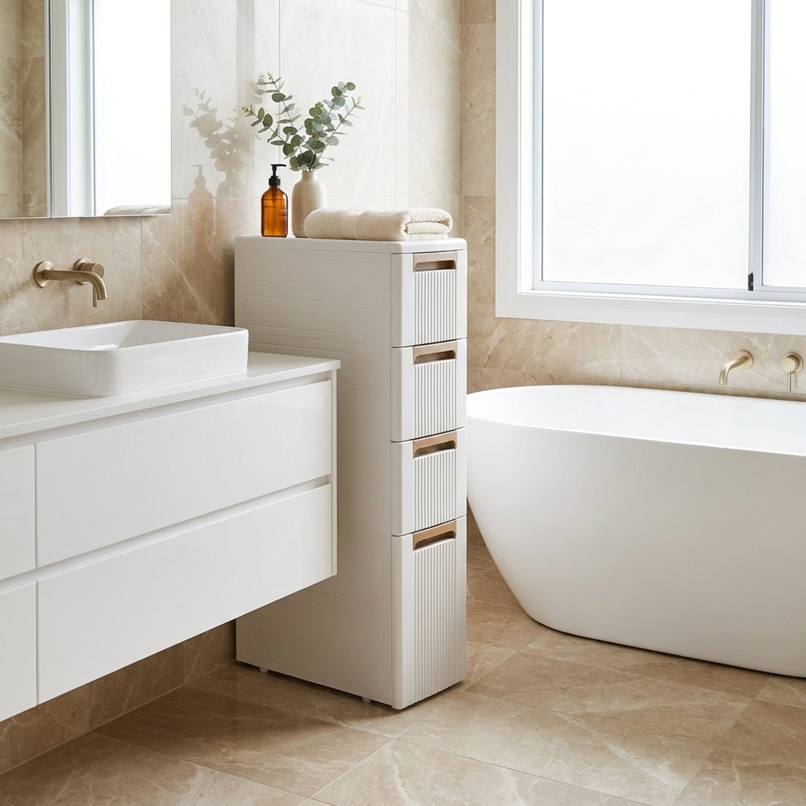 Vebreda Freestanding Bathroom Storage Cabinet, Narrow Storage Cabinet with Drawers and Removable Dividers, Multi-Layered Storage