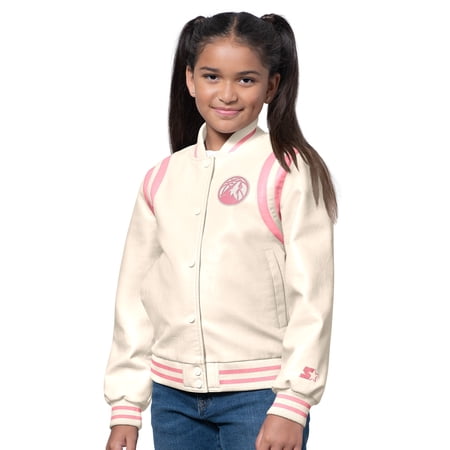 Girls Starter Cream/Pink Minnesota Timberwolves Underdog Leather Varsity Jacket