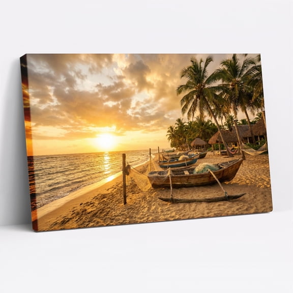 1.5-Inch Thick Canvas Print Wall Art for Living Room, Bedroom, Office or Entryway – Decorative Wall Decor with Sunset Beach Palm Trees Boats Sand -30 x 20x 1.5 in