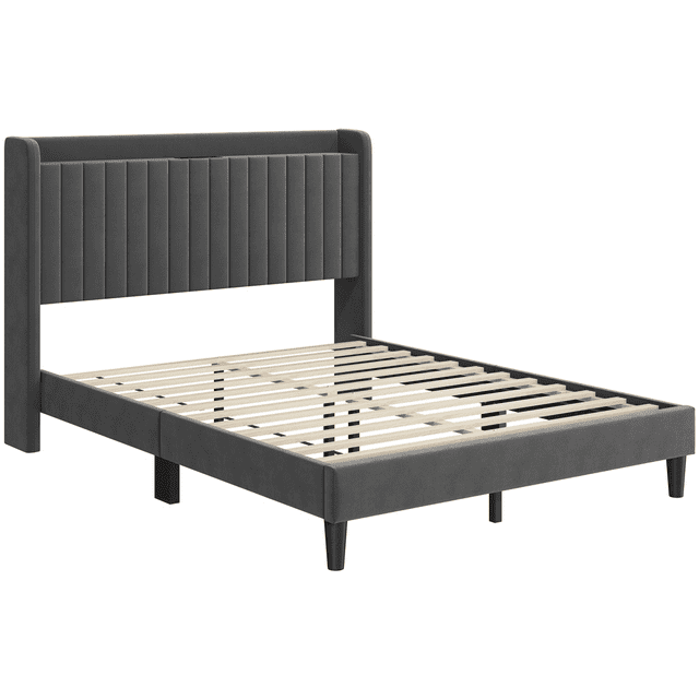 Dark gray queen velvet upholstered bed frame with vertical channel tufted headboard and wooden slats, featuring built-in charging outlets and USB ports.