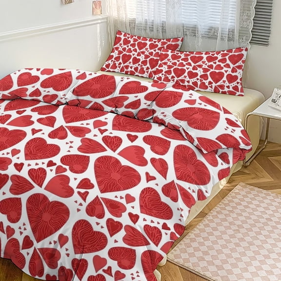 3 Pcs Soft Bedding Set, Includes 1 Duvet Cover with Zipper And 2 Pillow Shams,Valentines Day Hand Drawn Red Hearts Twin(86"x70")