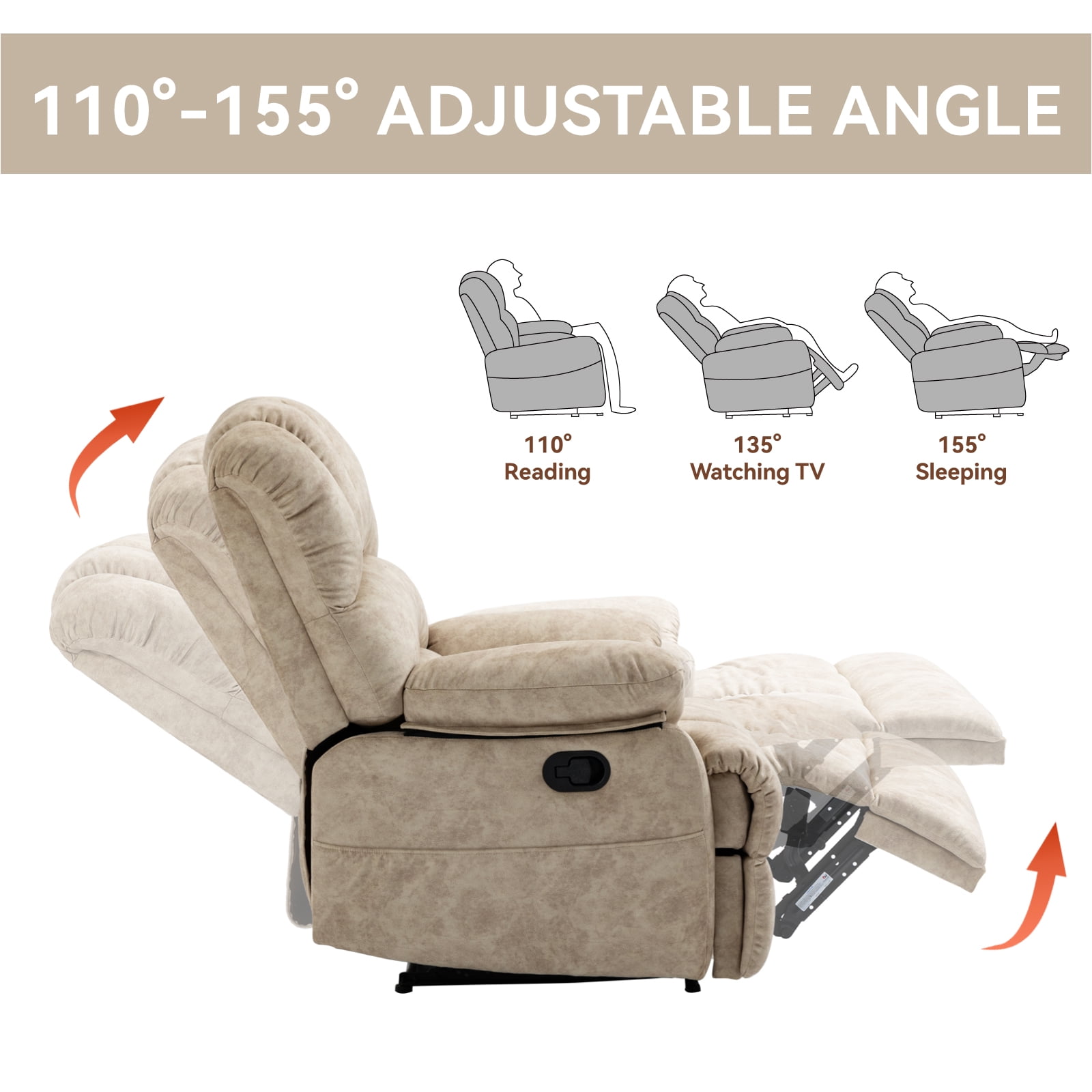 Large Manual Recliner Chair Fabric Living Room Oversized Comfortable Reclining Sofa with Pillow Top Arms Beige