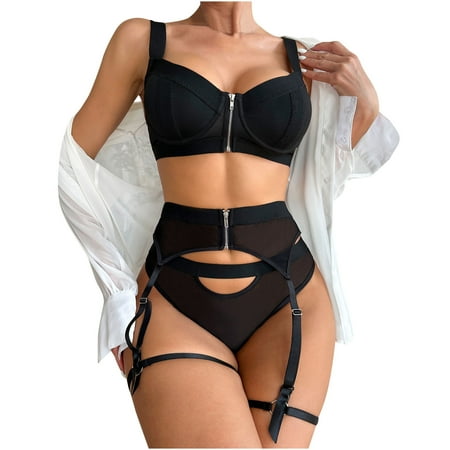 

Hfyihgf Zipper Garter Belt Lingerie for Women Sexy Mesh Lingerie Matching Bra and Panty 3 Piece Lingerie Set Bodysuit Clubwear(Black L)
