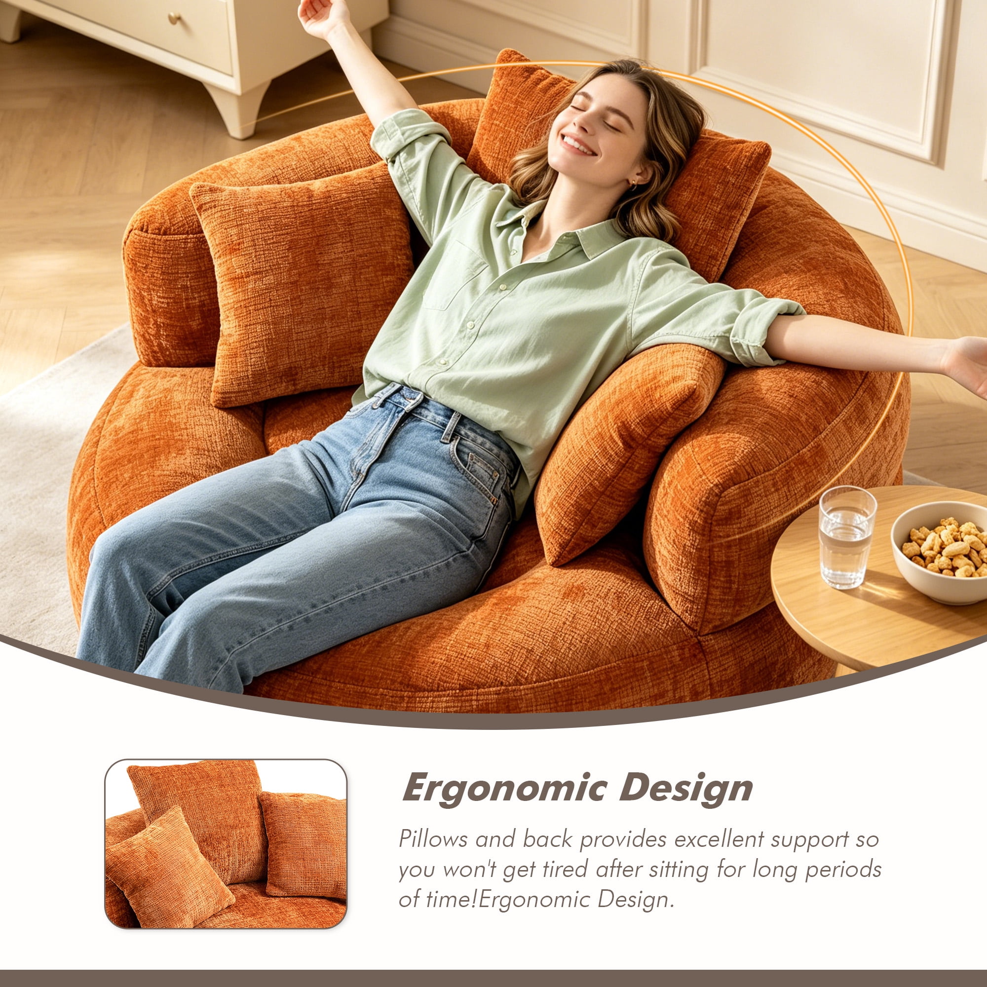 MOONMISS Oversized Bean Bag Chair, Chenille Lazy Bean Bag Sofa with Wrap-Around Backrest & Pillows for Living Room,Orange