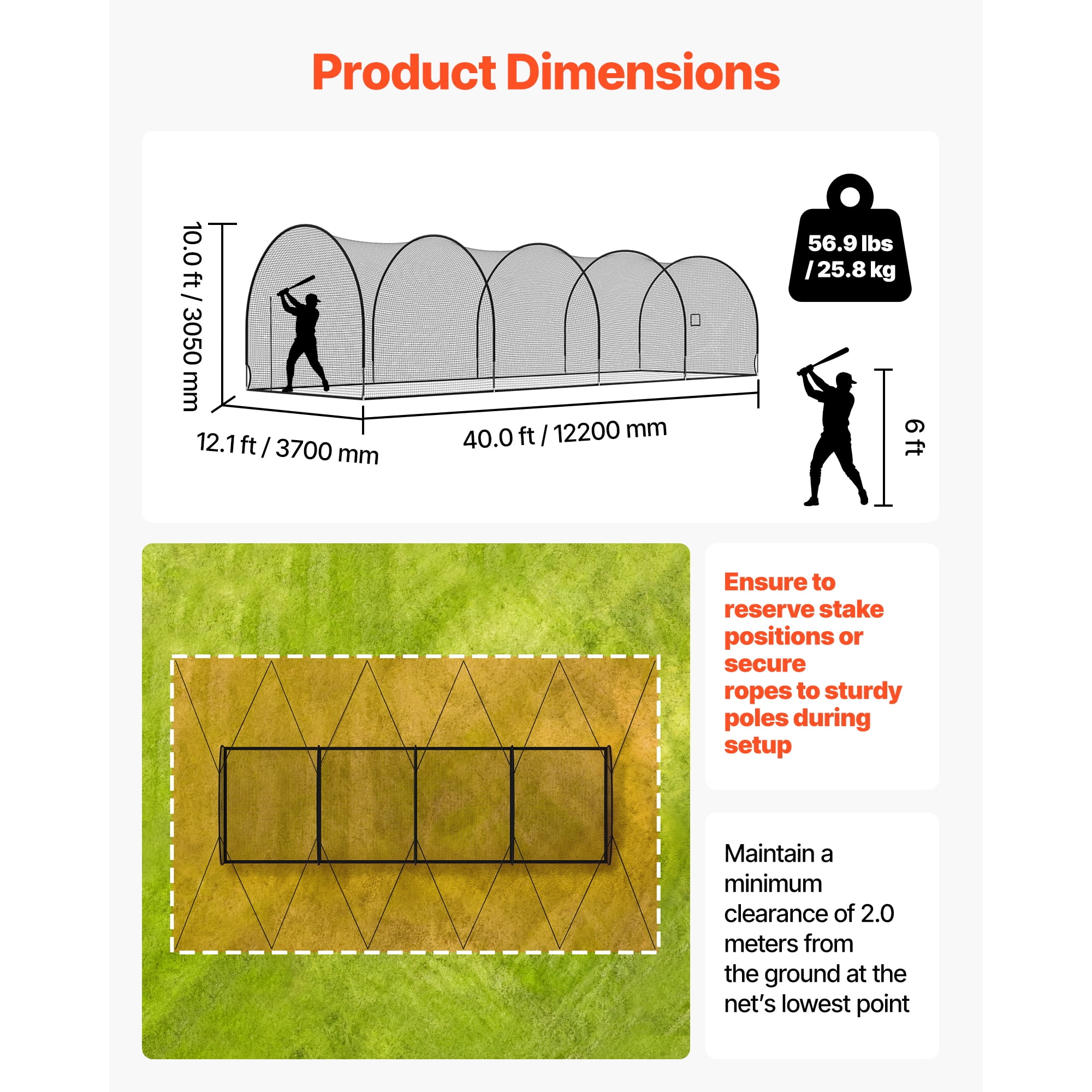 KFFKFF Portable Baseball Batting Cage, 40.0 x 12.1 x 10.0 FT Freestanding Design, Durable 4-Ply Knotless Polyester Net with Pitching Machine Opening, Suitable for Indoor and Outdoor Use