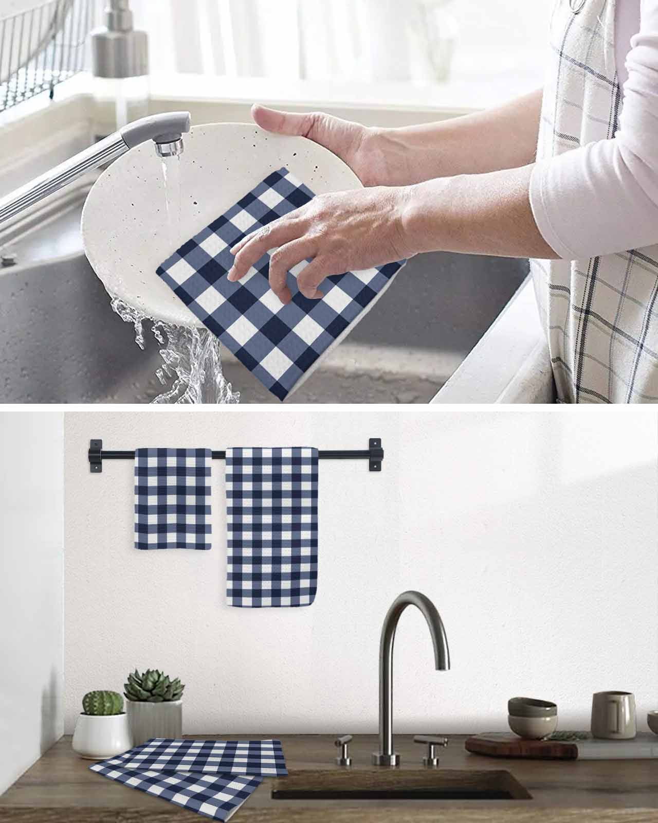 Navy Blue Check Kitchen Dish Towels for Drying Dishes Set of 2, Farmhouse Buffalo Plaid Blue Waffle Weave Microfiber Hand Tea Bathroom Towels Quick Dry & Absorbent Towel 15.7x23.6