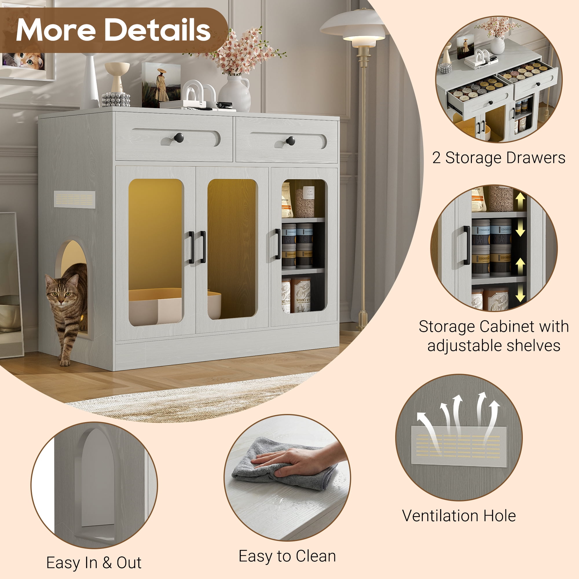 Aukfa Hidden Cat Litter Box Enclosure with LED Light, Cat Litter Box Cabinet with Storage Drawer & Acrylic Door, Modern Cat Furniture Side Table,Gray