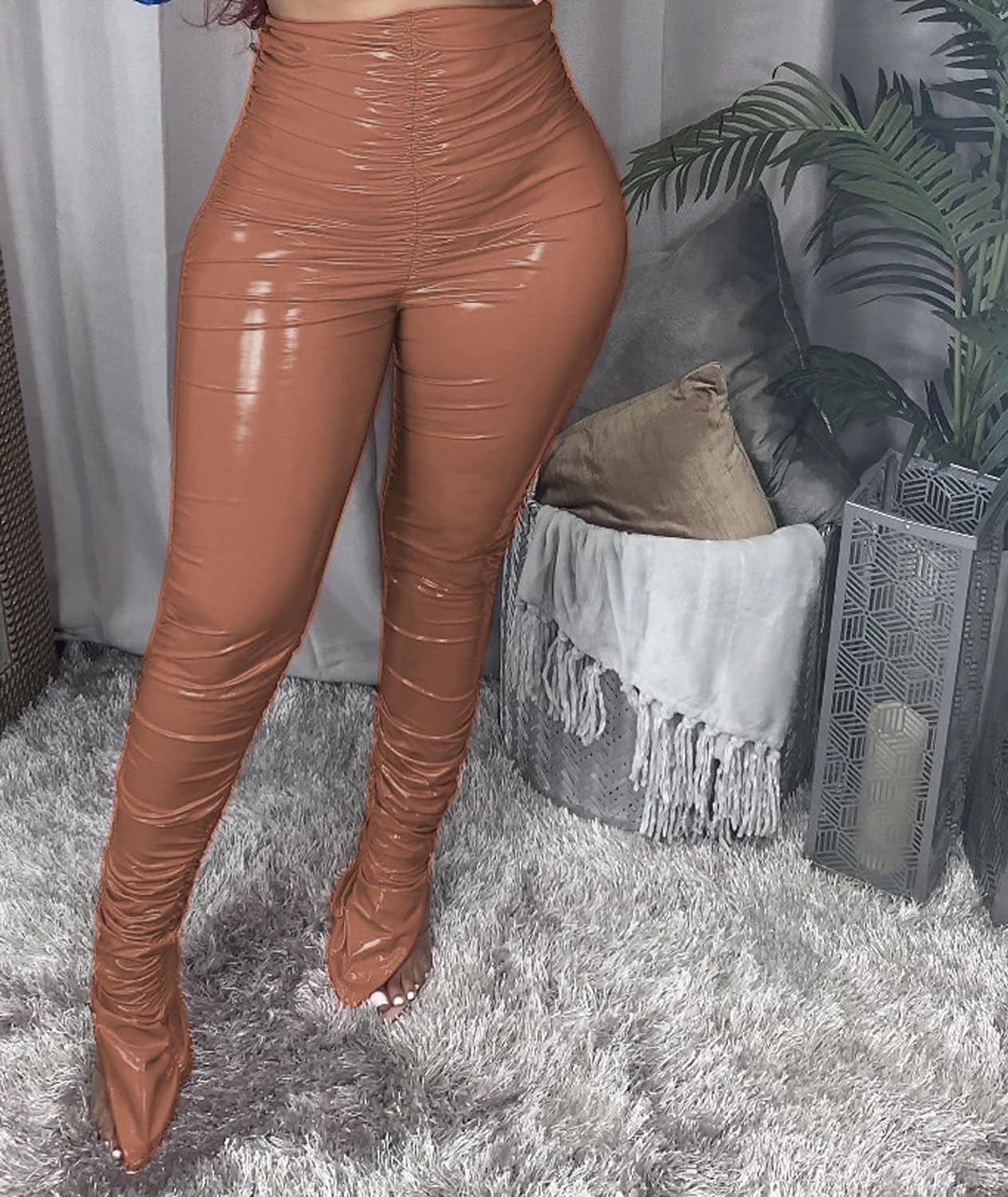 HLSOHJP Women's Pleated PU Leather Pants High Wasit Bodycon Ruched Split Hem Faux Leather Club Legging Trousers