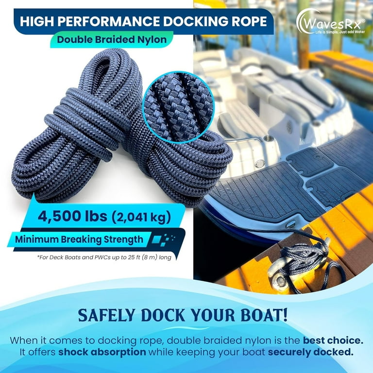 WAVESRX 3/8” x 15' Premium Dock Lines for Boats & PWCs (4PK), Hi-Performance Mooring Rope Made From Marine-Grade Double Braided Nylon to  Resist Sun and Saltwater