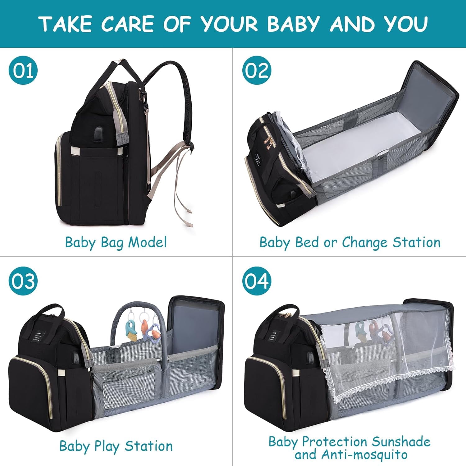 RSENFREMIOR Diaper Bag with Changing Station for Mom Dad, Large Capacity Travel Backpack with Stroller Straps ,3 in 1 Waterproof Foldable Changing Bag with Foldable Crib for Girls Boys