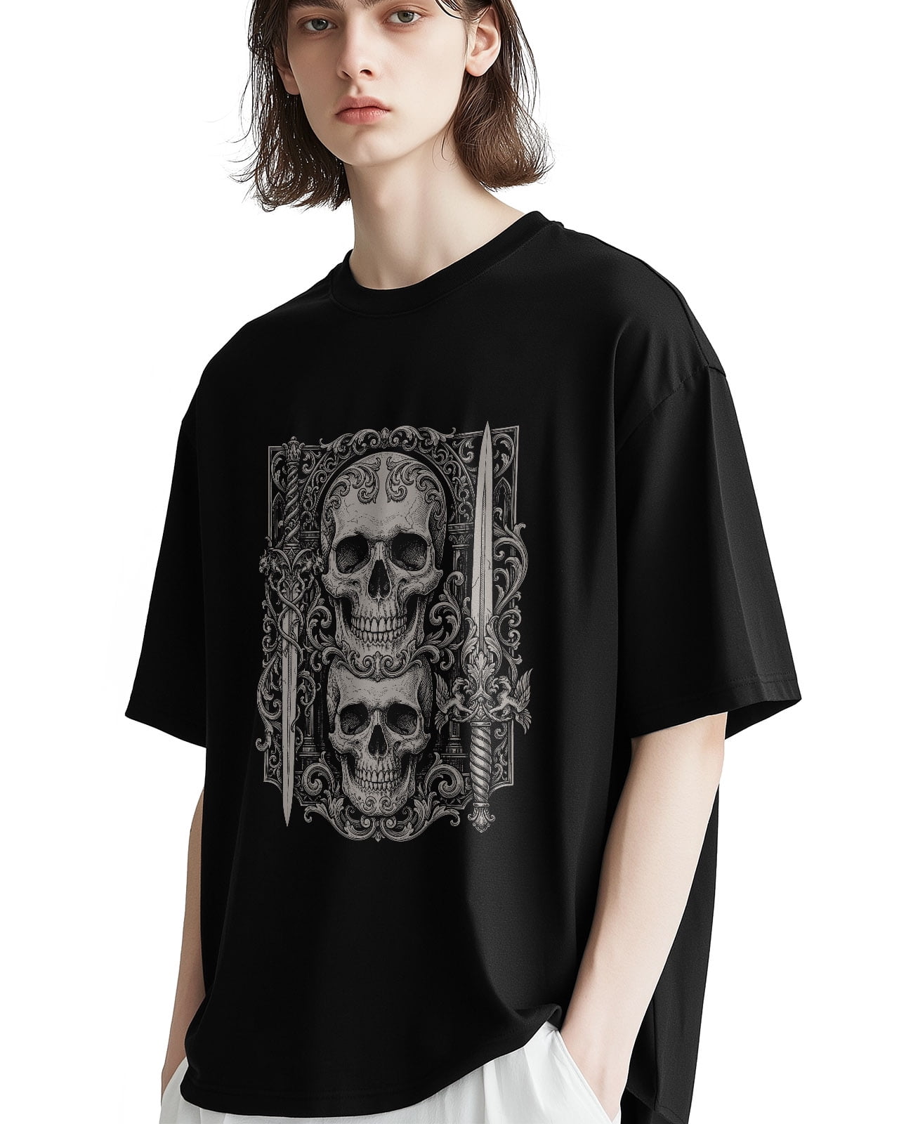 Men's T Shirts, Baroque Goth Horrible Dagger Floral Texture T