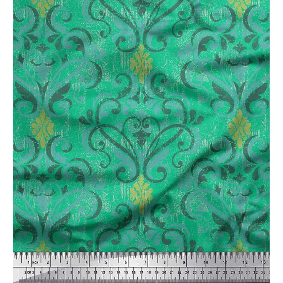 Soimoi Green Silk Fabric Vector Design Damask Print Fabric by Yard 42 Inch Wide