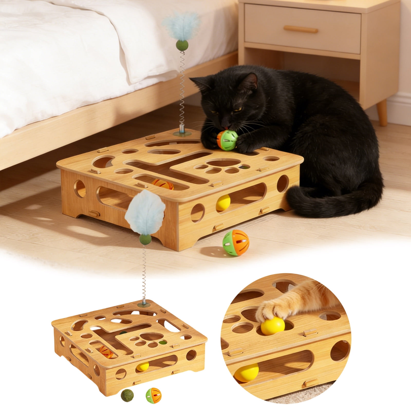 Pet Toys Enrichment Puzzle for Indoor Cats Cat Nail File Scratcher Interactive Wand Set Wooden Metal Mix for Grooming Play and Mental Stimulation