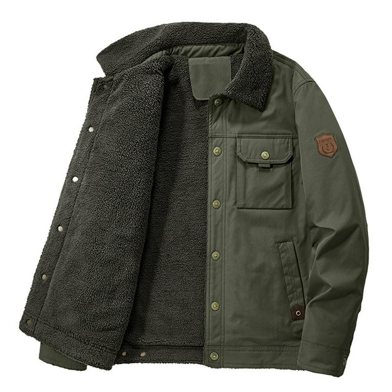 Uorcsa Casual Loose Hooded Fleece Jacket Lapel Tooling New Mens Coat Army  Green 