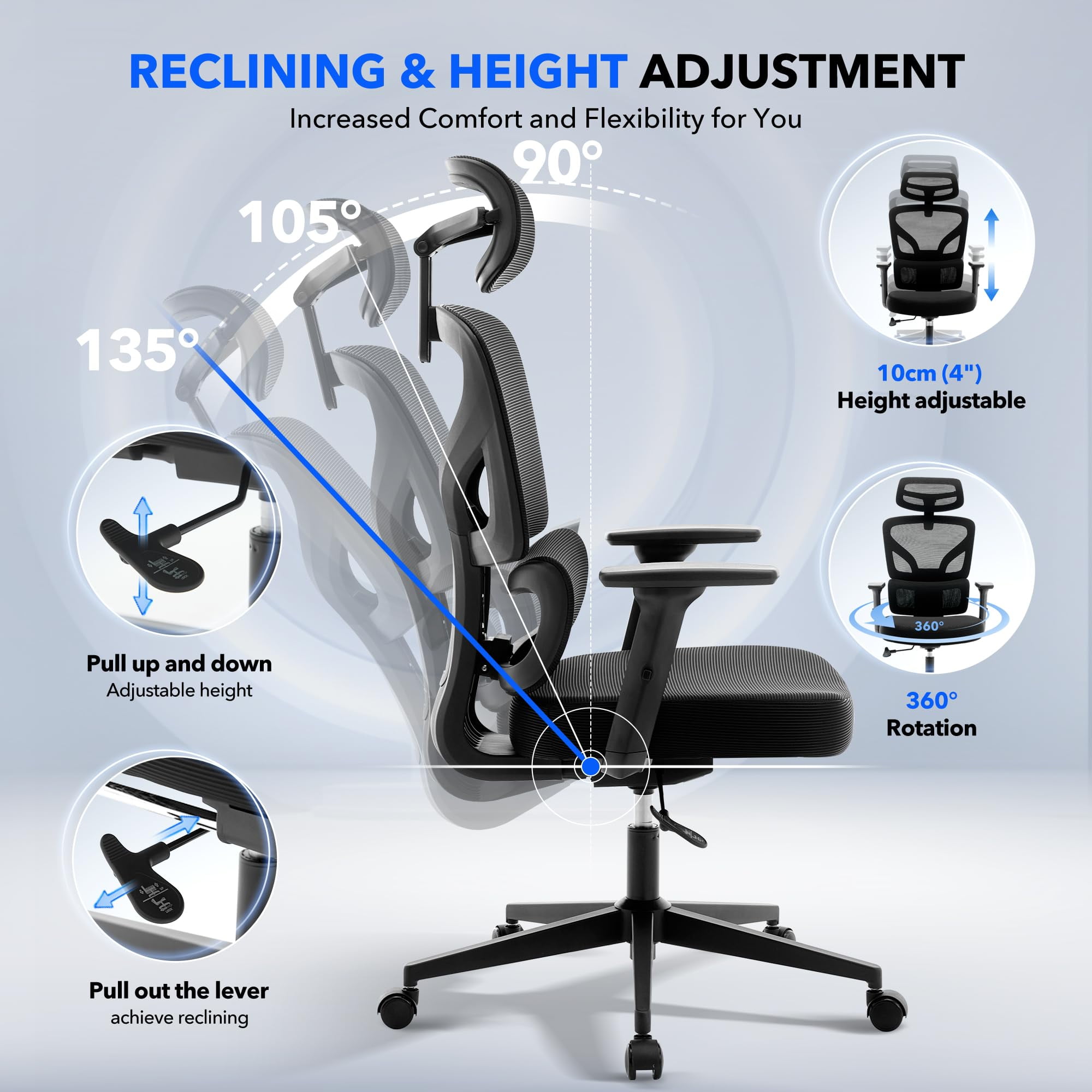 Ergonomic High-Back Mesh Office Chair – Adjustable Lumbar, 3D Armrests, Headrest & Recline – Breathable Swivel Desk Chair, Supports 300 lbs – Black Frame & Black, Sprayed Black