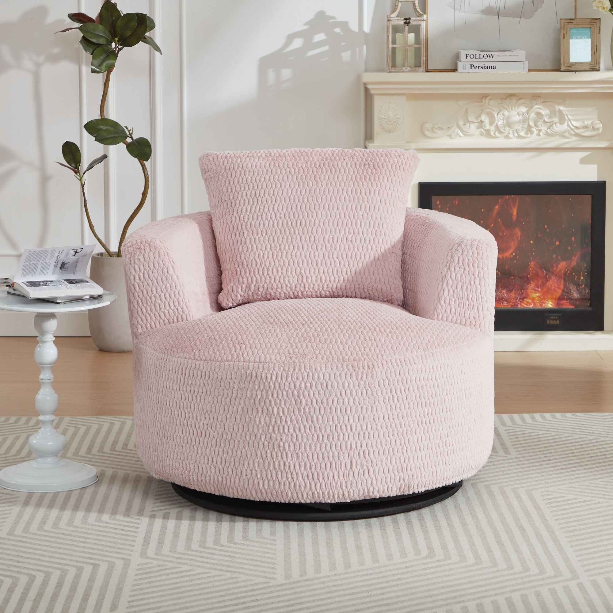 DEALTOPS Compressed 360° Swivel Barrel Chair, Modern Faux Fur Accent Chair with Pillow, Cozy Small Space Lounge, Pink