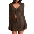 thumbnail image 2 of Womens Crochet 2 Piece Cover Up V Neck Bell Sleeve Button Cardigan Sheer Mesh Beach Mini Skirt Coverup Set, 2 of 6