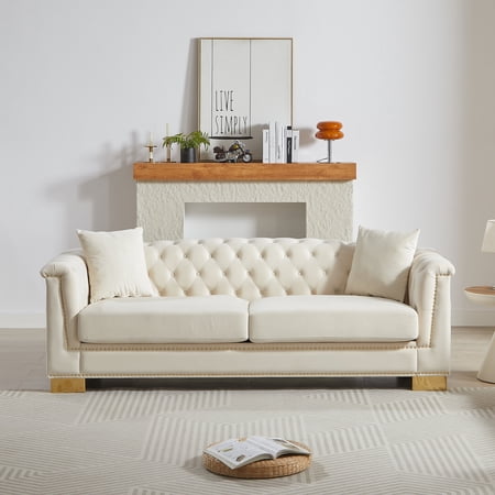 FFZ 84"L 84-Inch Chesterfield Sofa with Rolled Arms and Velvet Upholstery, Beige