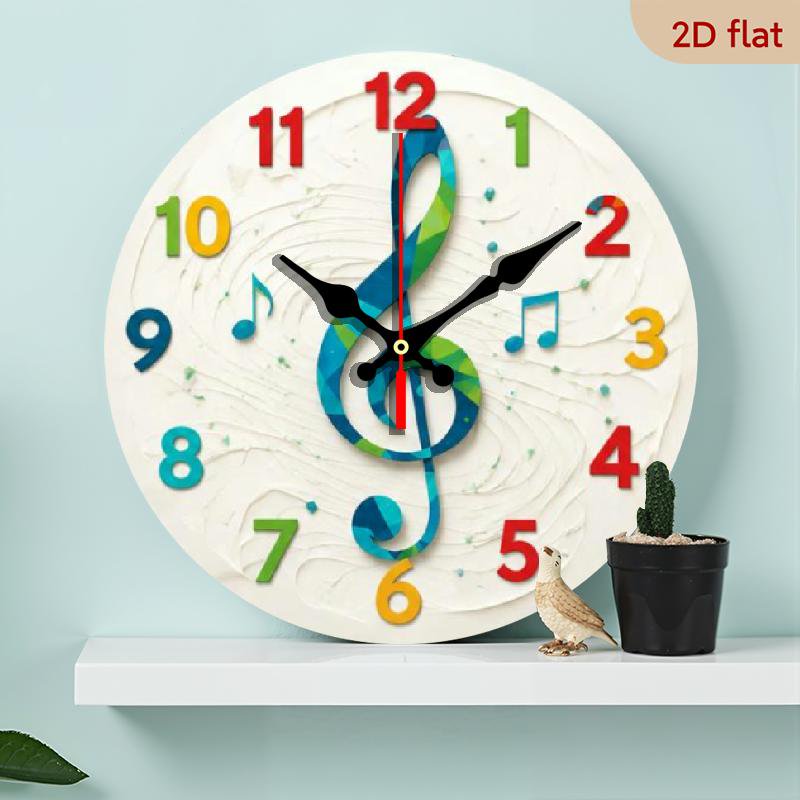 10 Inch Modern Minimalist Musical Note Wall Clock - Silent Non-Ticking Wood Round Clock with Vibrant Colored Numbers and Treble Clef Design, Suitable for Living Room Bedroom Decor, Battery Not