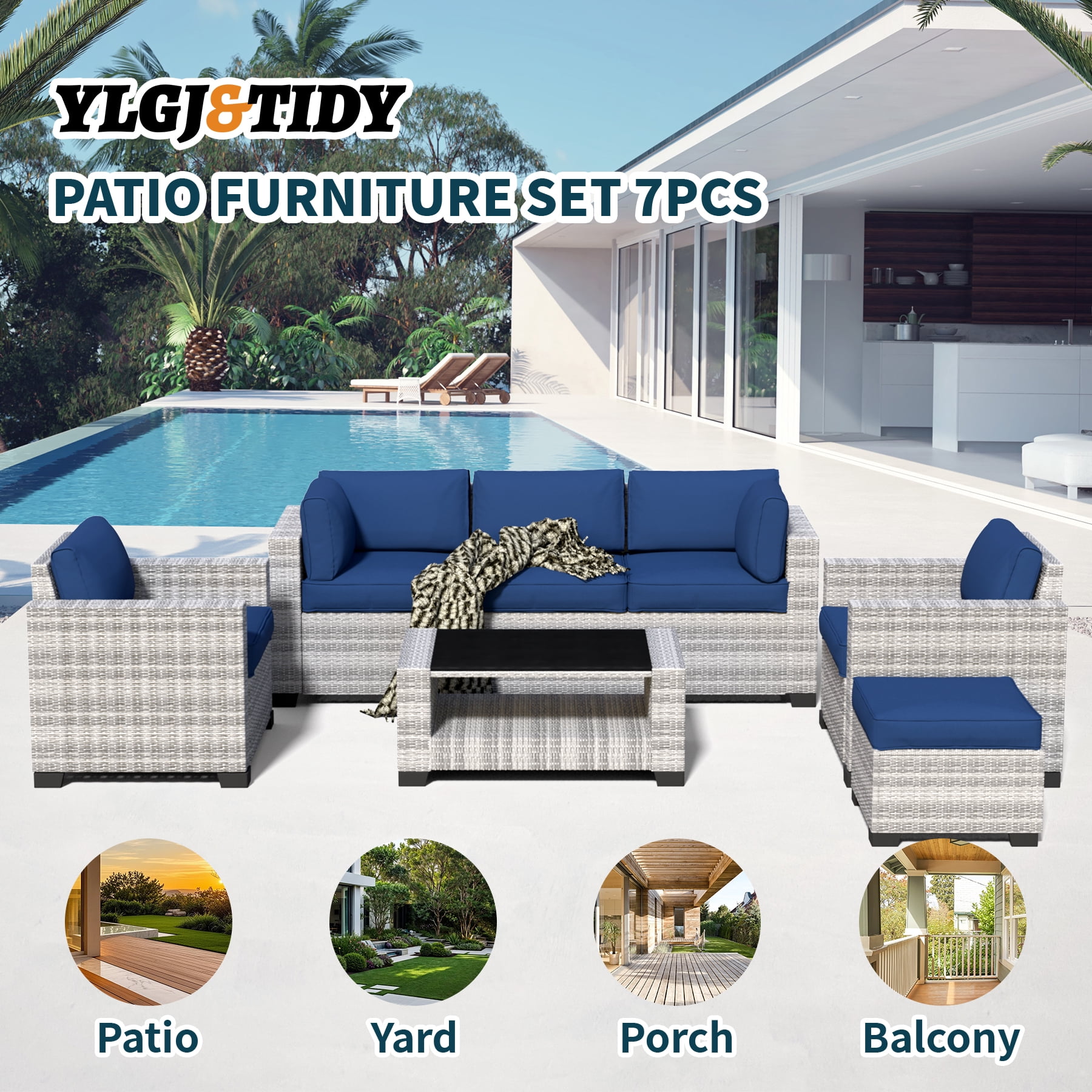 7-Piece Outdoor Patio Furniture Set, All-Weather Rattan Sectional Sofa with Waterproof Cushions & Tempered Glass Table, Perfect for Garden, Poolside, Backyard (Navy Blue)
