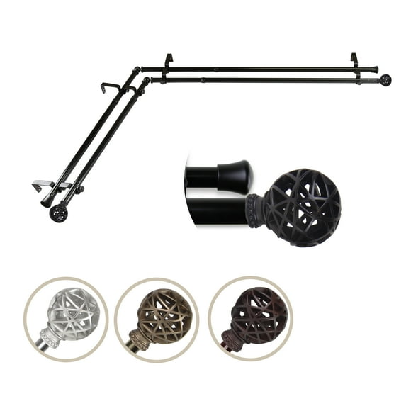 3/4" Dia Adjustable Corner Window Double Curtain Rod 120 to 170" (each side) in Black with Matthias Finials,(4788-992-CR)